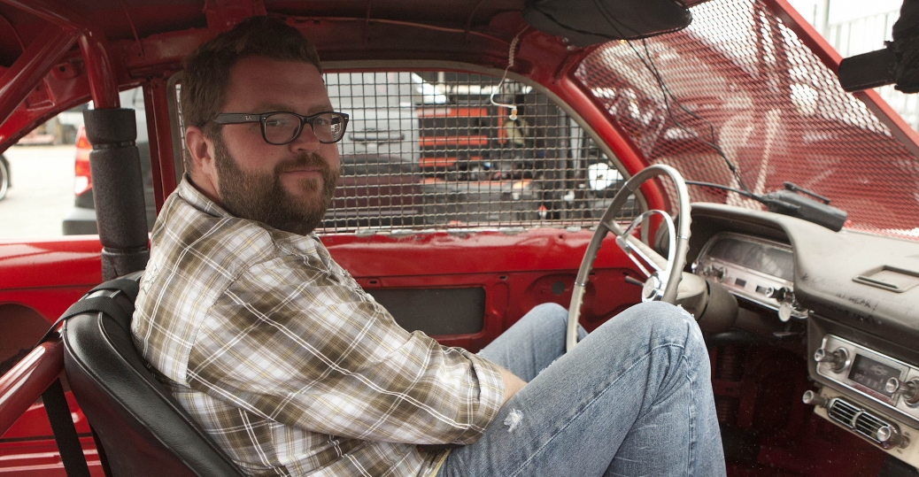 Rutledge sits inside his car before competing in a demolition derby. (Photo Credit: BBC Worldwide)
