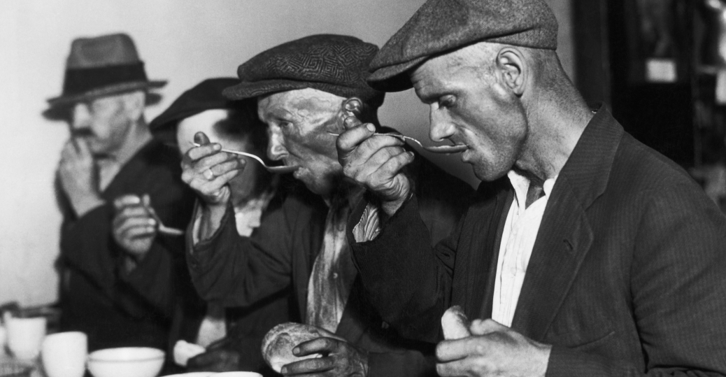 Men eating soup during great depression Franklin D Roosevelt
