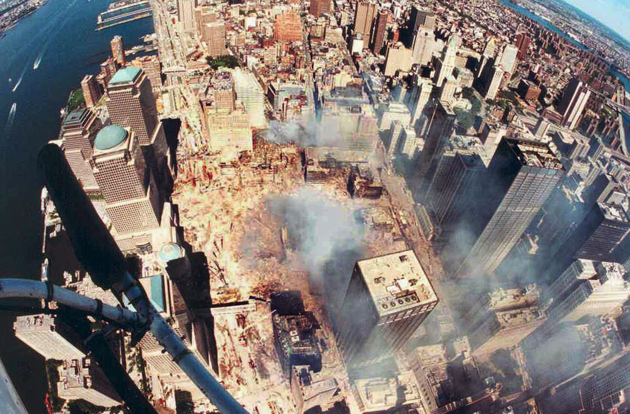 Aerial view of manhattan shows smouldering world trade city 9 11 