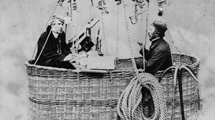 Henry Coxwell (right) in a hot air balloon basket, 1862