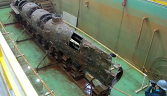 The H.L. Hunley in conservsation lab in North Charleston, South Carolina.