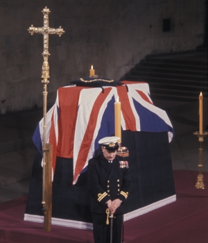 Churchill lying in state in Westminster Hall, part of the Houses of Parliament