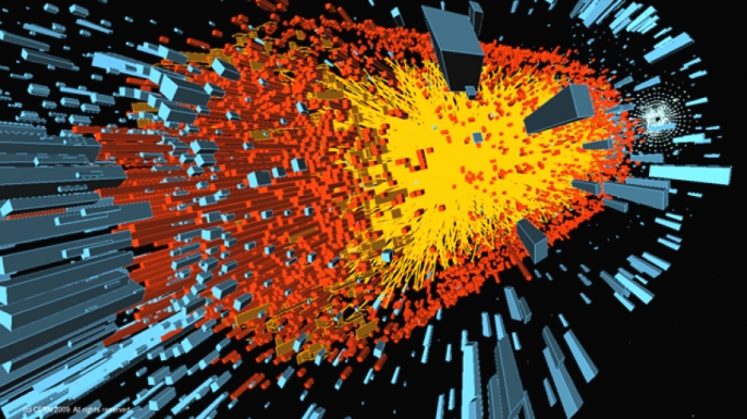 A computer simulation of an ion collision in the Large Hadron Collider, a simulation of the events immediately after the Big Ban.