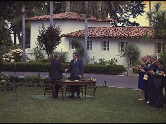 Richard Nixon and Leonid Brezhnev sign the Joint Commission between the US and USSR, June 24, 1973. (Credit: National Archives)