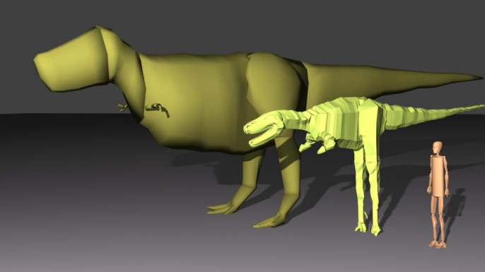 Comparison of the models generated for the largest (Sue) and smallest Tyrannosaurus rex specimens, alongside a human figure for scale.