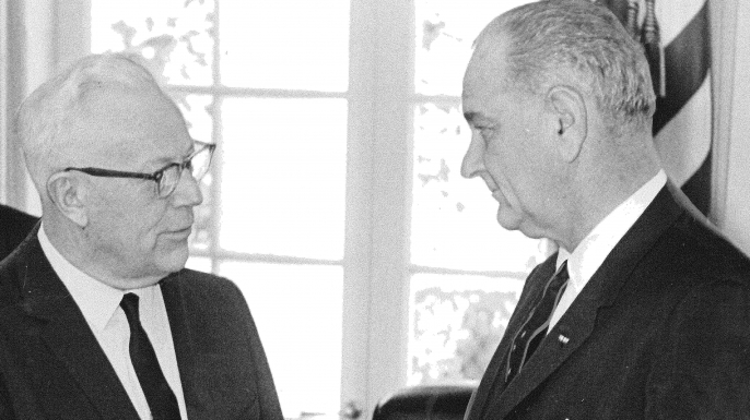 Chief Justice Warren presenting the report of the Warren Commission to President Lyndon Johnson. (Credit: Jim McNamara/The Washington Post