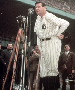 Ruth addresses crowd at Yankee Stadium in 1948, shortly before his death. (Credit: Ralph Morse/Time & Life Pictures/Getty Images)