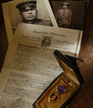 Honorable discharge and Purple Heart of Tobias Frazier, a Choctaw Indian code talker during World War I. (Credit: Rodger Mallison/Fort Worth Star-Telegram/MCT via Getty Images