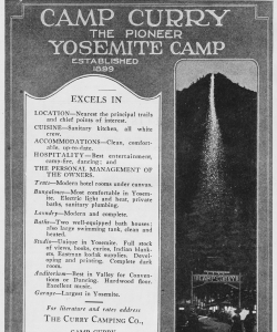 A 1921 advertisement for Camp Curry in Yosemite National Park that shows the "Firefall."