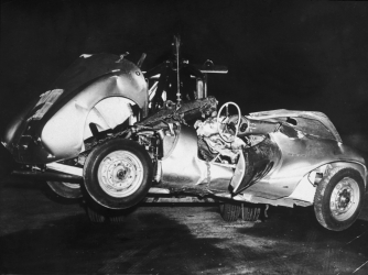 The mangled remains of 'Little Bastard,' James Dean's Porsche Spyder sports car in which he died during a high-speed car crash in 1955. (Credit: Hulton Archive/Getty Images)