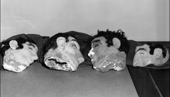 From left to right are the dummy heads used by Clarence Anglin, John Anglin, and Frank Morris to conceal their absence from their beds. The head on the right was found under the bed of Allen West. (Credit: FBI)