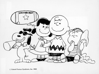 Snoopy, Lucy. Charlie Brown, and Linus stand in a line in a drawing from the Charles Schultz, 1968. (Credit: Fotos International/Getty Images)