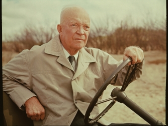 Dwight D. Eisenhower revisits Omaha Beach and other actual sites and locales connected with the World War II. (Credit: CBS Photo Archive/Getty Images)