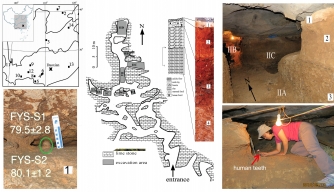 Geographical location and interior views of the Fuyan Cave, Doaxian with dating sample (lower left), plan view of the excavation area with stratigraphy layer marked (center), the spatial relationship of the excavated regions and researcher finding human tooth (right). (Credit: Y-J Cai, X-X Yang, and X-J Wu)