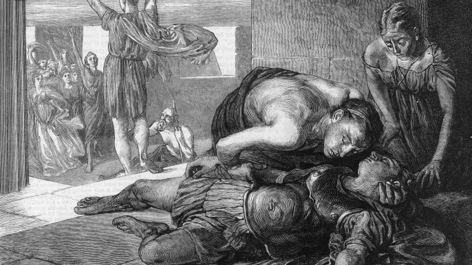 Greek soldier Pheidippides arrives in Athens with news of the Greek victory over the Persians at Marathon, only to die on the spot, 490 BC. (Credit: Hulton Archive/Getty Images)