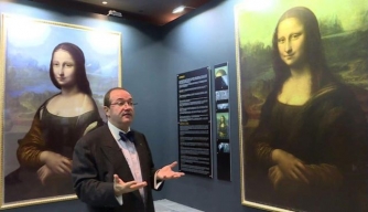 Pascal Cotte. On the left is a digital reconstruction of what he claims to have found underneath the Mona Lisa. (Credit: Brinkworth Films)