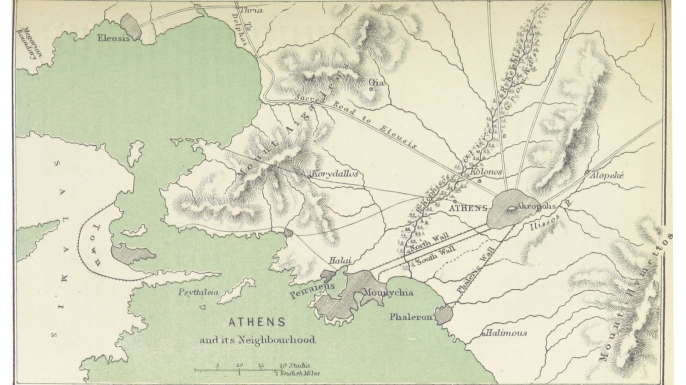 Map of Athens, including the long walls. (Credit: Public Domain)