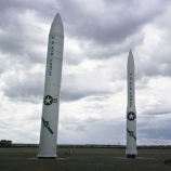 Peacekeeper missile, left, and two versions of the Minuteman missile sit at the entrance of Warren Air Force base near Cheyenne, WY. (Credit: Michael Smith/Getty Images)