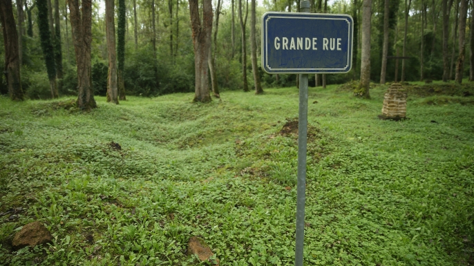 A sign marks where the main street once passed on the site of the former village of Bezonvaux. (Credit: Sean Gallup/Getty Images)