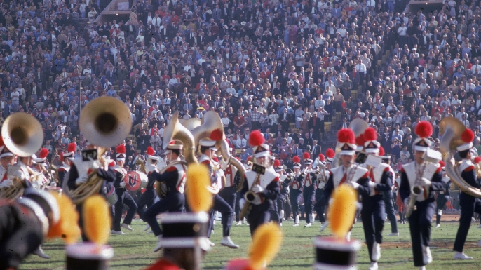 Members of the University of Arizona marching band perform on the field during the halftime show at Super Bowl I. (Credit: Robert Riger/Getty Images)