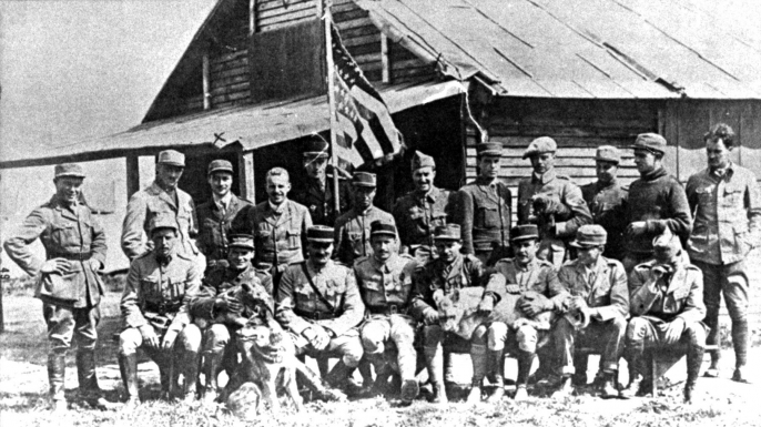 The pilots of SPA 124 Escadrille Lafayette on 10 July 1917 at Chaudun, France. (Credit: U.S. Air Force/ Public Domain)