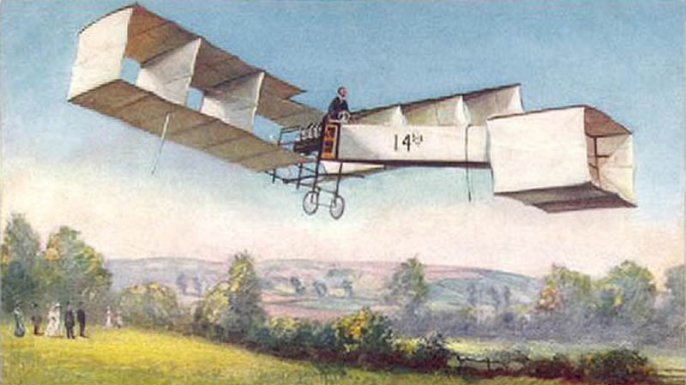 French postal card showing Santos Dumont flying the "14 bis." (Credit: Public Domain)