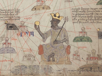 Detail showing Mansa Musa sitting on a throne and holding a gold coin. (Credit: Public Domain)