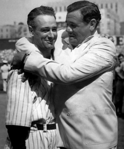 Lou Gehrig and Babe Ruth at Yankee Stadium on July 4, 1939, shortly after Gehrig's retirement. (Credit: Public Domain)
