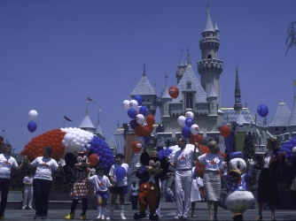 Mickey Mouse, Minnie Mouse and Donald Duck during Hands Across America; Disneyland. (Credit: Matthew Naythons/Getty Images)