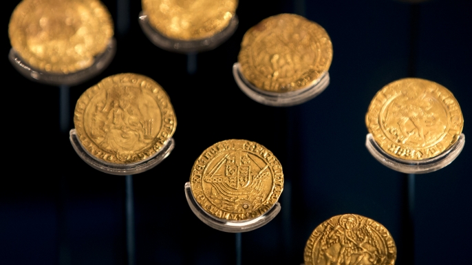 Gold coins recovered from the wreck of Mary Rose. (Credit: Dan Kitwood/Getty Images)