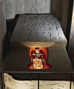 Limestone sarcophagus with relief depicting King Pakal, reconstruction of the royal tomb from the Temple of the Inscriptions at Palenque. (Credit: DeAgostini/Getty Images)