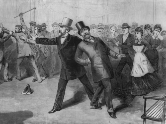 Engraving depicting the assassination of President Garfield.