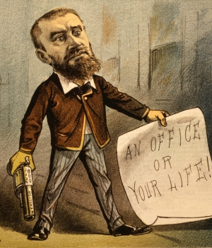 Political cartoon showing Guiteau with a banner reading “An office or your life!”