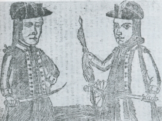 Contemporary engraving depicting Daniel Shays and Job Shattuck.