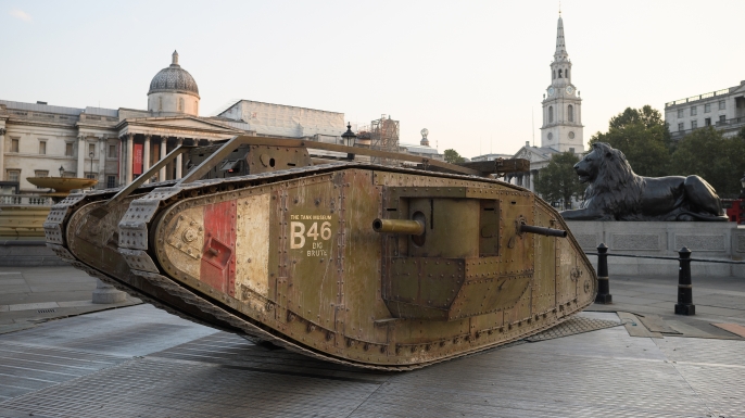 A replica Mark IV tank displayed in London's Trafalgar Square to mark the tank's centennial.