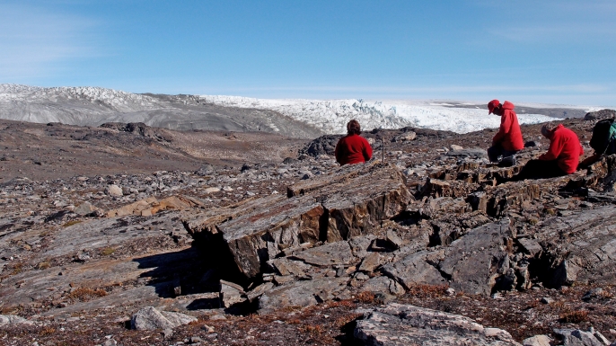 The research team at Isua, near the edge of the icecap (in the image are Vickie Bennett, Allen Nutman (in red cap) and Clark Friend).
