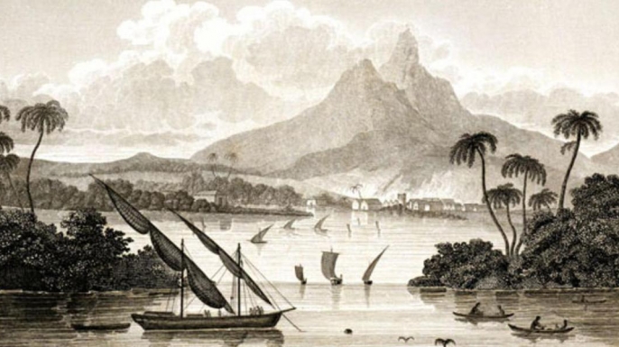 An engraving that purported to show the main harbor of Poyais.
