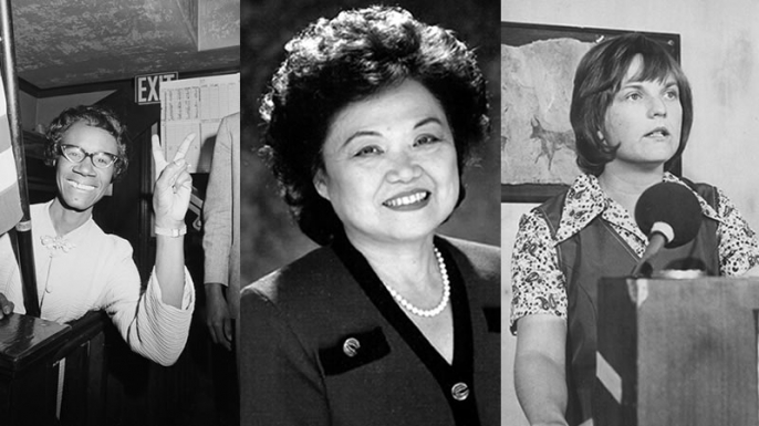 From left to right, Shirley Chisholm (Credit: Bettmann/Getty Images), Patsy Mink (Credit: Public Domain) and Linda Jenness (Credit: Phil Slattery/Getty Images)