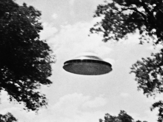 The Amalgamated Flying Saucer Club of America, which headquarters in Los Angeles, released this photo taken by a member reportedly showing a flying saucer estimated at seventy feet in diameter. (Credit: Bettmann/Getty Images)