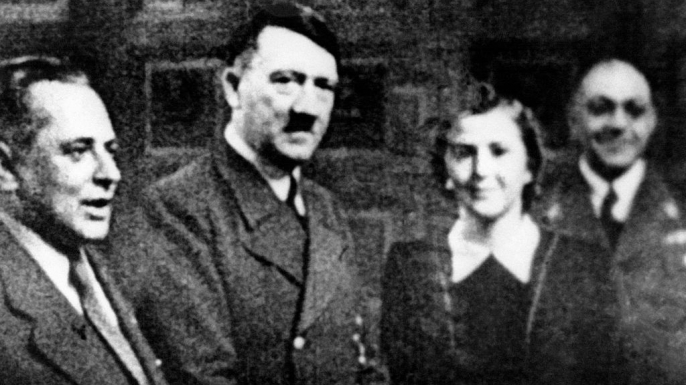 Hitler and Eva Braun, c. 1940. Thedor Morell is far right. (Credit: Keystone-FranceGamma-Rapho via Getty Images)