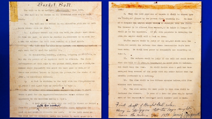 James Naismith's Original Rules of Basket Ball display, developed in 1891. (Credit: Witold Skrypczak/Getty Images)