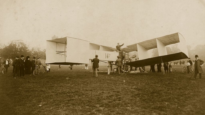 Alberto Santos-Dumont the Brazilian aeronaut aboard his record winning 14 bis tail-first biplane. (Credit: Hulton Archive/Getty Images)