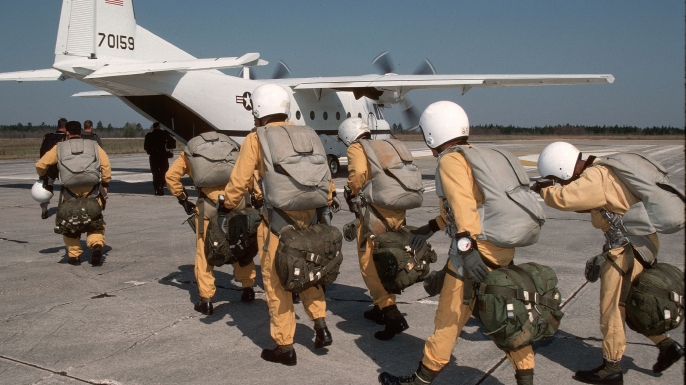 Members of Delta Force Special Operations preparing to conduct HALO (HIgh Altitude Low Opening) training. (Credit: Greg Mathieson/Getty Images)