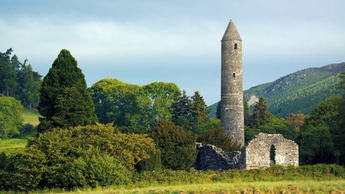 The round tower at the Glendalough monastic site in Country Wicklow, Ireland. (Credit: Peter Zelei Images)