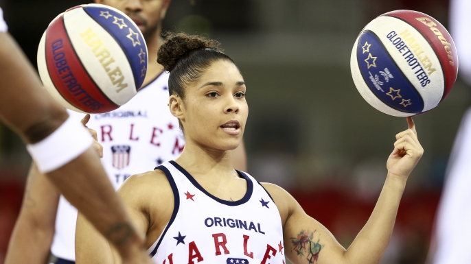 Chriss 'Ace' Jackson of the Harlem Globetrotters spin the ball on her finger before an exhibition game against the World All-Stars at Arena on June 2, 2016 in Budapest, Hungary. (Credit: Arpad Kurucz/Anadolu Agency/Getty Images)