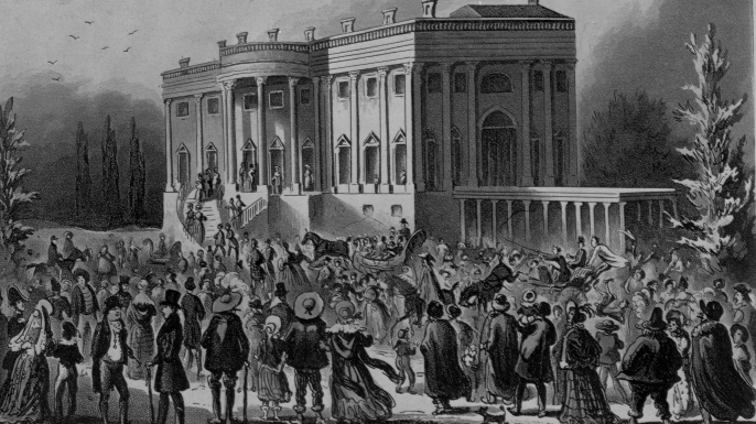 A mob gathers outside the White House during Andrew Jackson's first inaugural reception.
