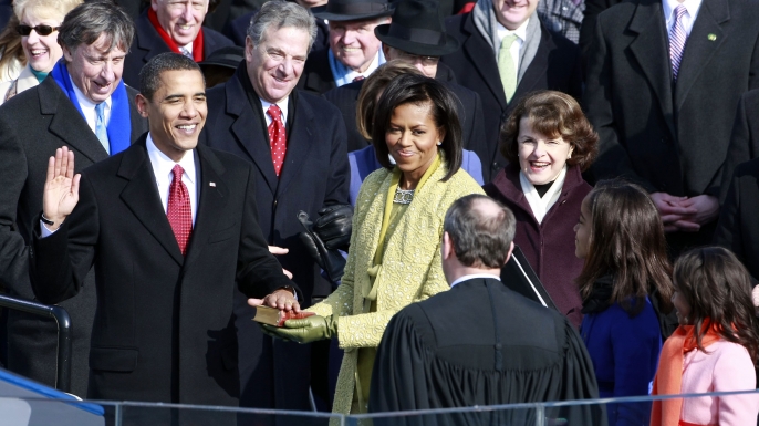 Barack H. Obama is sworn in by Chief Justice John Roberts as the 44th president of the United States as the 44th President of the United States of America. (Credit: Mark Wilson/Getty Images)