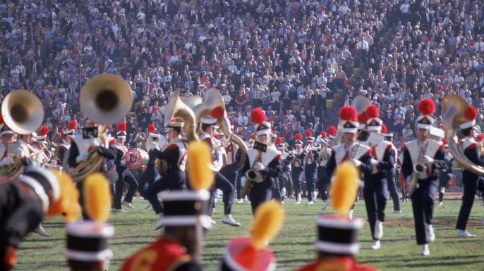 The University of Arizona marching band on the field during the halftime show at Super Bowl I (then the AFL-NFL World Championship Game) on January 15, 1967. (Credit: Robert Riger/Getty Images)