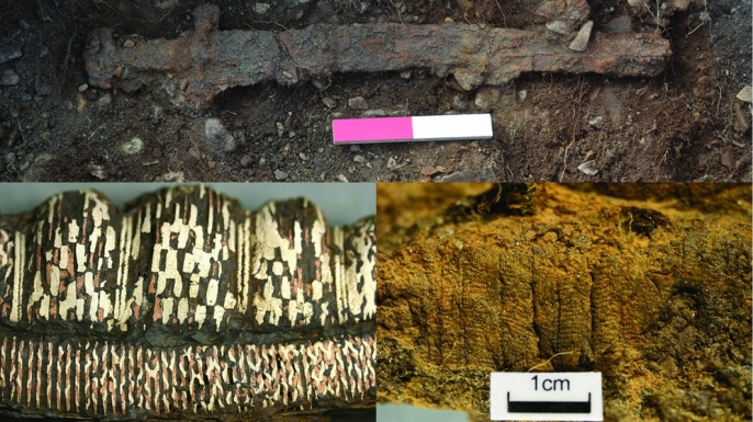 Other artifacts from the burial site. The sword (top); the sword in situ (below); the mineralized textile remains (right); detail of the decoration after conservation (left). (Credit: Pieta Greaves/AOC Archaeology).