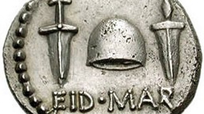 Reverse side of a coin issued by Caesar's assassin Brutus in the autumn of 42 B.C., with the abbreviation EID MAR (Eidibus Martiis - on the Ides of March). (Credit: Public Domain)